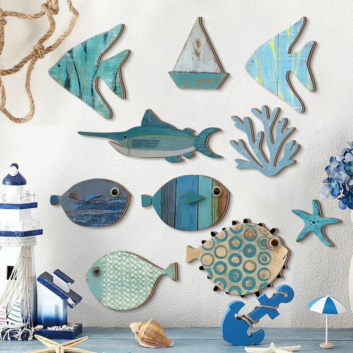 Wall Decor Handcrafted Wooden Ocean - Fish, Coral, Starfish & Sailboat Set for Home/Bathroom, Coastal Style Art Wall Decor