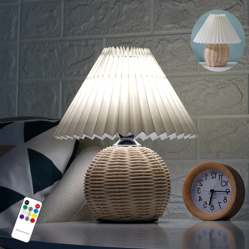 INS Led Pleated Table Lamp Rattan Base Desktop Light Usb PLug Dimmable Timmer For Room Bedside Bedroom Table Decor Night Lights