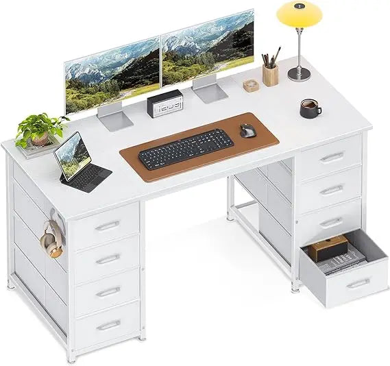 48 Inch White Computer Desk with 8 Fabric Drawers, Modern Office Desk with Large Storage for Home Office, Study, Gaming, White