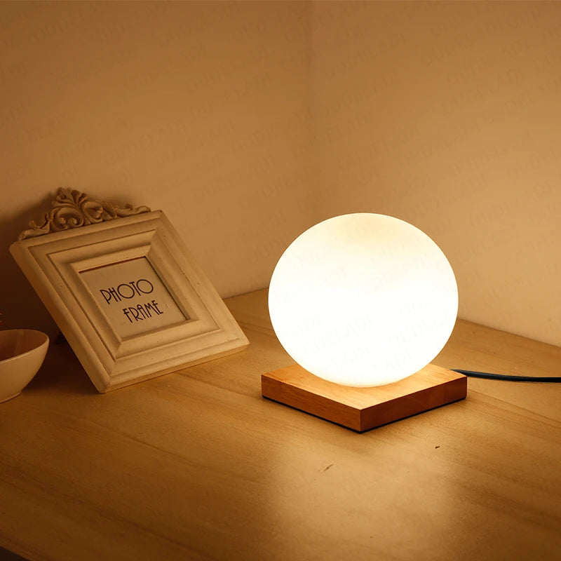 Simple glass ball table lamp LED living room study Home Decor lighting Wooden Small Round Desk Lamp bedroom bedside Night light