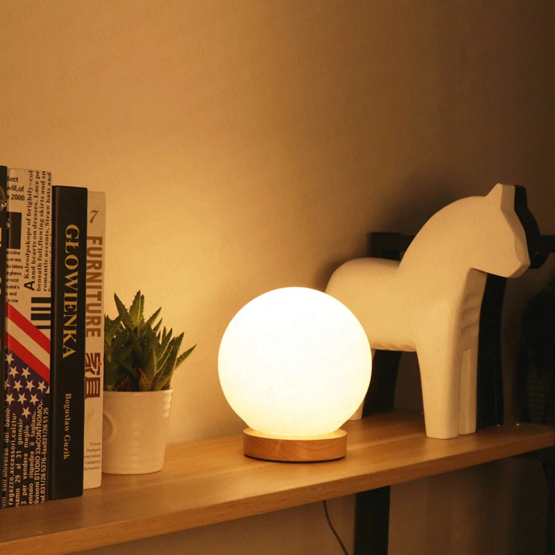Simple glass ball table lamp LED living room study Home Decor lighting Wooden Small Round Desk Lamp bedroom bedside Night light