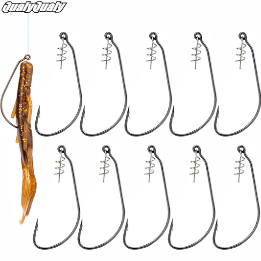 10pcs Fishing Hooks With Spring Lock Pin High Carbon Steel Crank Barbed Hook #1/0 #2/0 #3/0 #4/0 Freshwater Fishing Offset Hooks