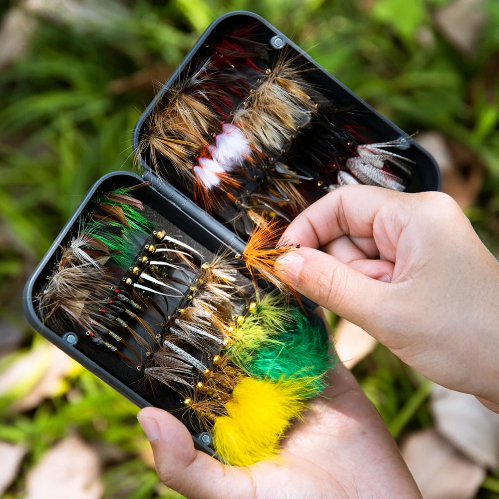 Goture 76pcs/set Fly Fishing Lures for Trout Salmon Dry Wet Nymph Streamer Flies Bait Fly Fishing Tackles Accessories