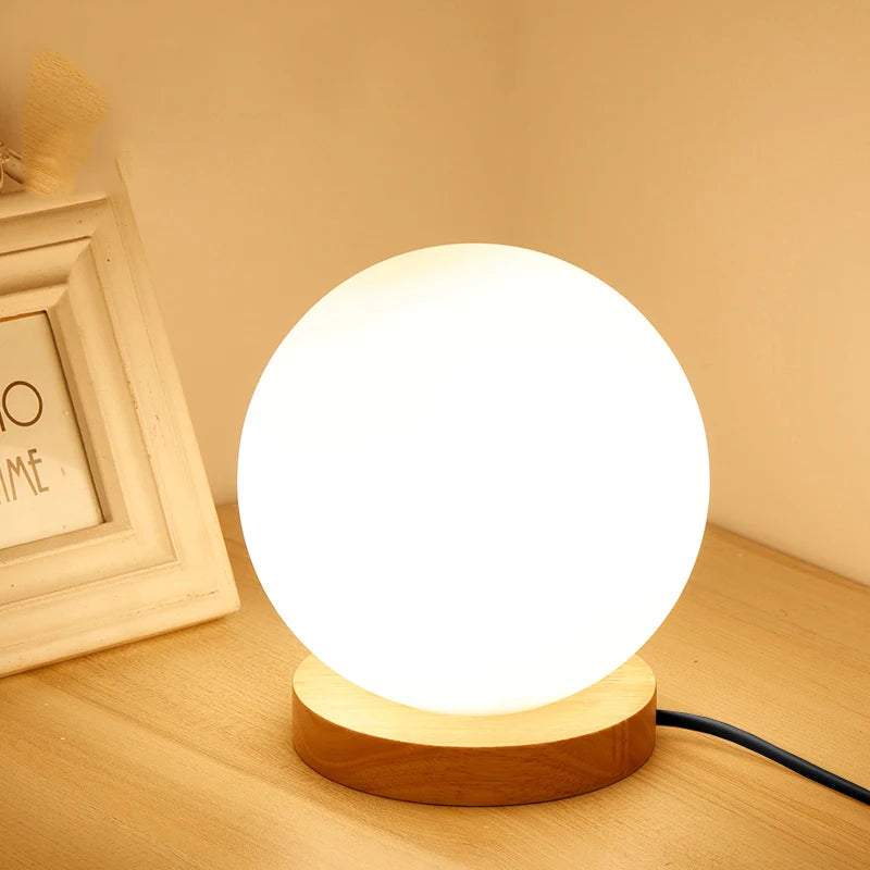 Simple glass ball table lamp LED living room study Home Decor lighting Wooden Small Round Desk Lamp bedroom bedside Night light