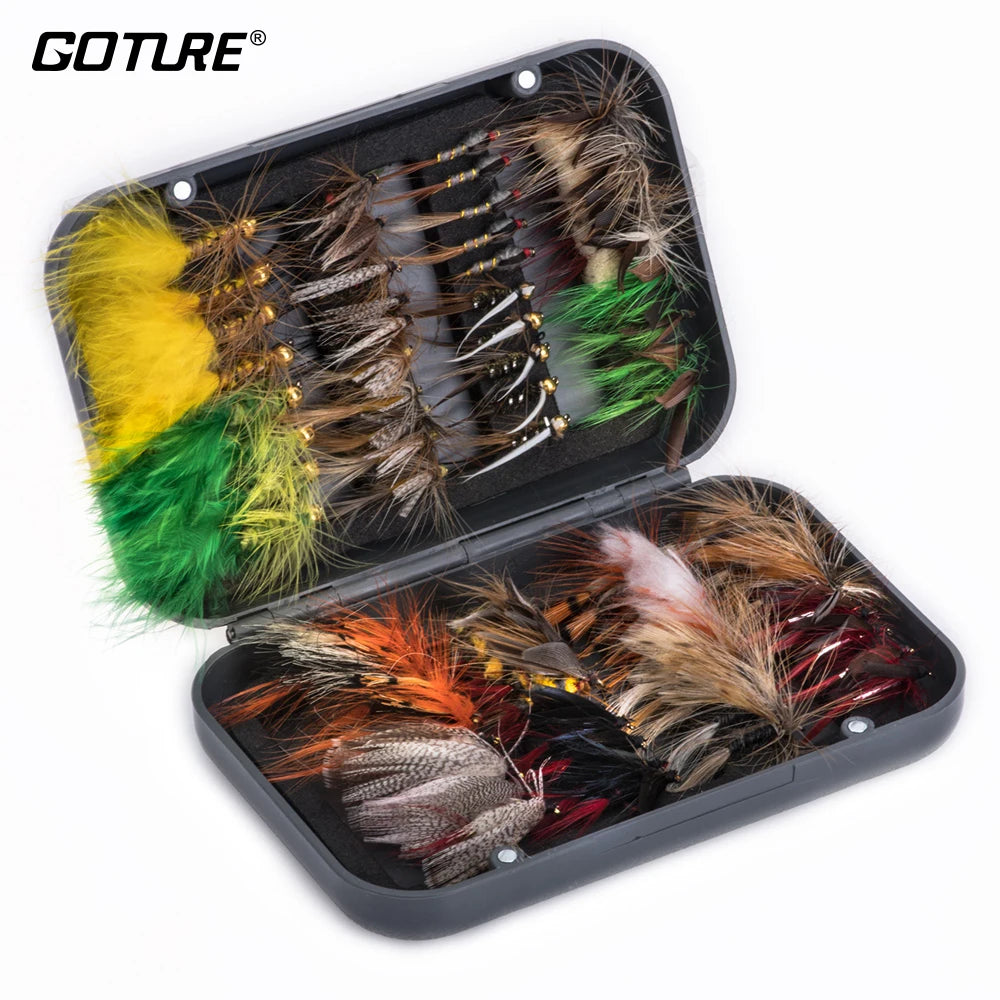 Goture 76pcs/set Fly Fishing Lures for Trout Salmon Dry Wet Nymph Streamer Flies Bait Fly Fishing Tackles Accessories