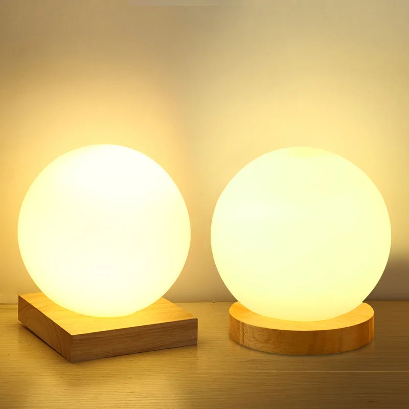 Simple glass ball table lamp LED living room study Home Decor lighting Wooden Small Round Desk Lamp bedroom bedside Night light