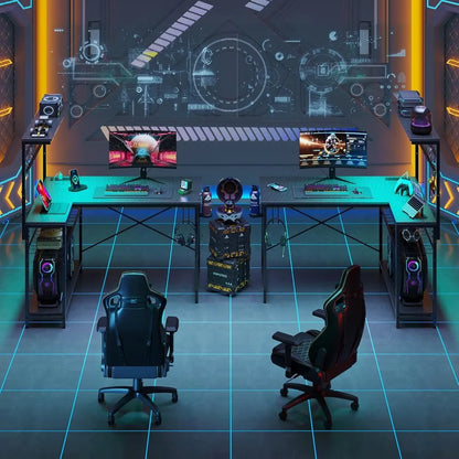 42 L Gaming Desk,Computer Desk with Power Outlets, LED Lights, Reversible Corner Desk with 4-Tier Shelves,Cup Holder &Hook