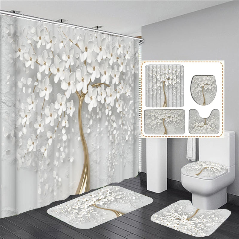 Elegant Bouquet of Fantastic White Flowers 3D Style Shower Curtain Bathroom Curtain with Bath Rug Carpet Set Floral Home Decor