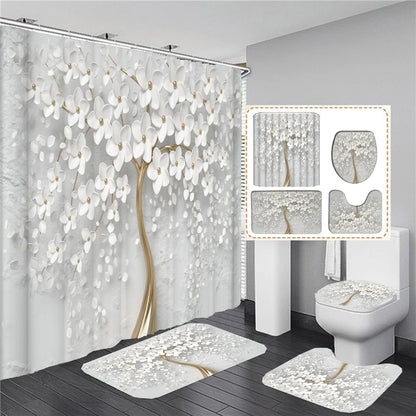 Elegant Bouquet of Fantastic White Flowers 3D Style Shower Curtain Bathroom Curtain with Bath Rug Carpet Set Floral Home Decor
