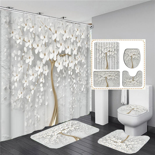 Elegant Bouquet of Fantastic White Flowers 3D Style Shower Curtain Bathroom Curtain with Bath Rug Carpet Set Floral Home Decor