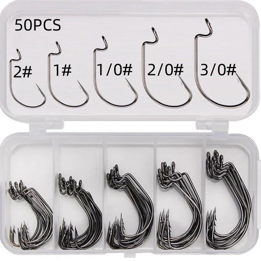 50Pcs Box Fishing Hooks Set Jig Crank Barbed Hook High Carbon Stainless Steel Wide Gap Offset Fishhook Soft Worm Sea Hook Tackle