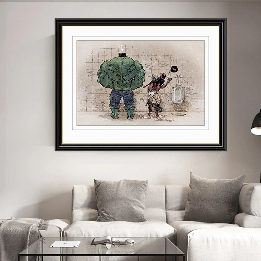 Bathroom Wall Art Decor Funny Superhero Hulk And Deadpool In The Toilet Poster Avenger Retro Canvas Painting Home Decor
