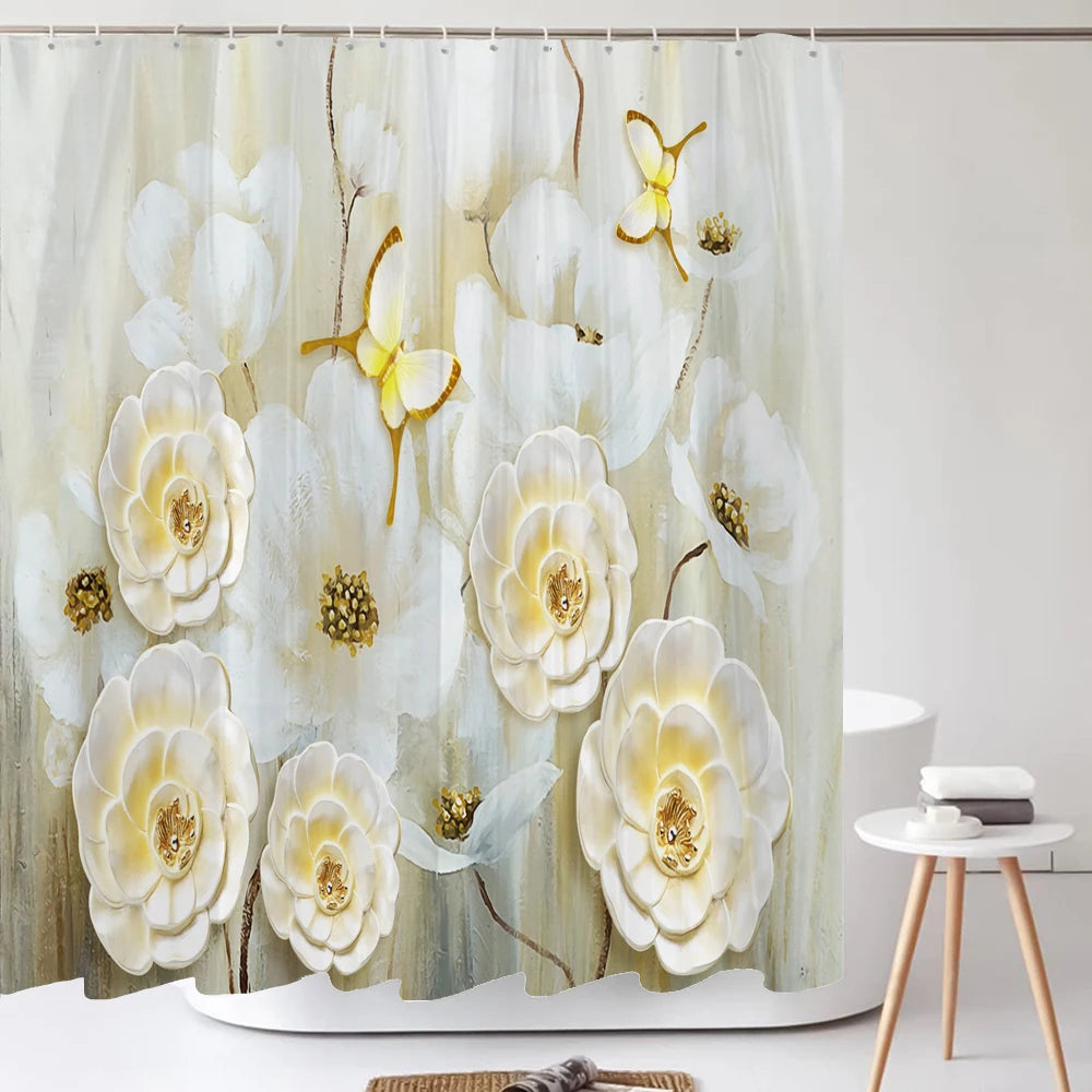 Elegant Bouquet of Fantastic White Flowers 3D Style Shower Curtain Bathroom Curtain with Bath Rug Carpet Set Floral Home Decor