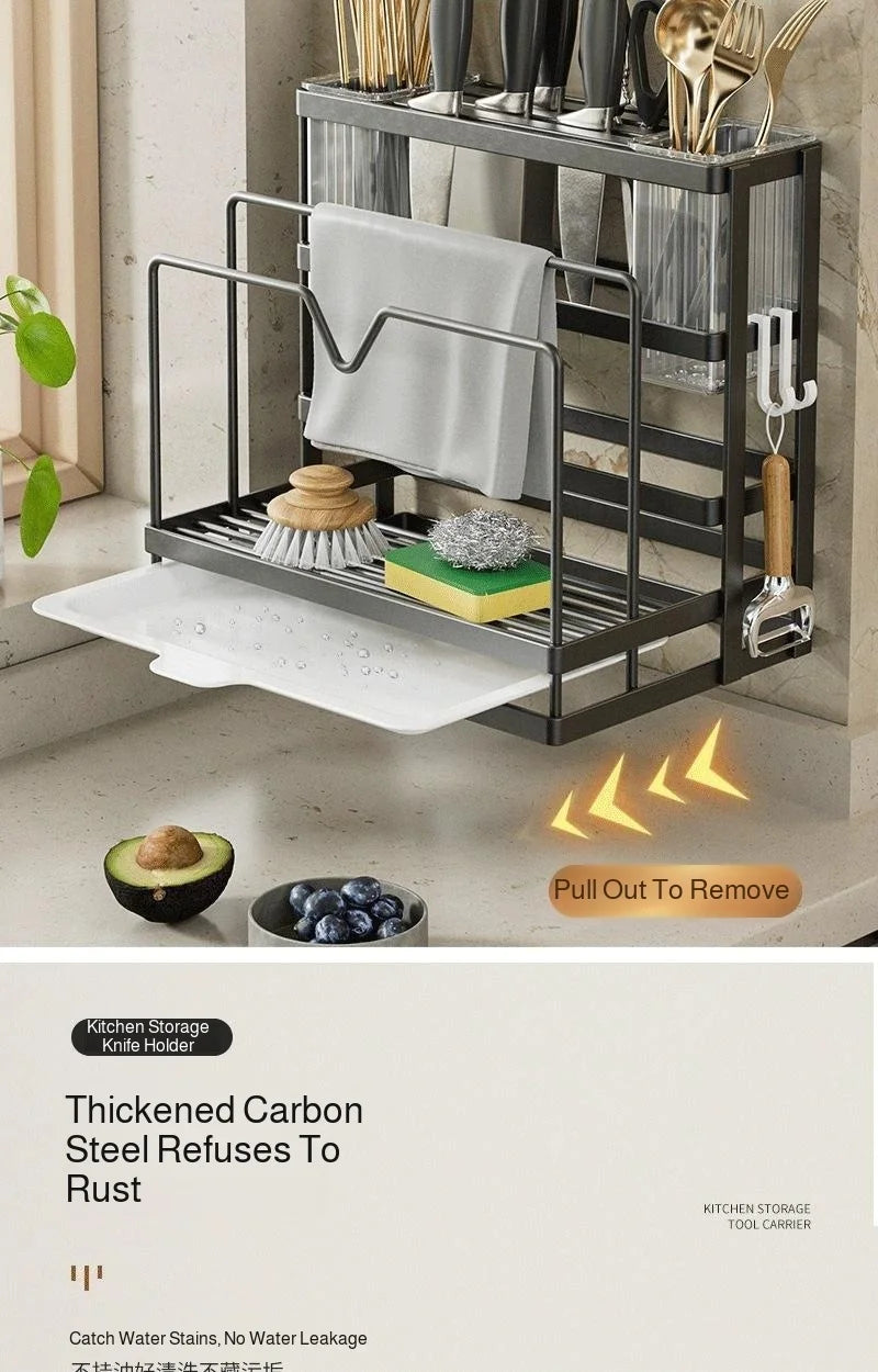 Kitchen Countertop Organizer with Drainage Tray -Integrated Rack for Cutting Boards, Knives, Rags, Chopsticks, Pot Lids, Durable