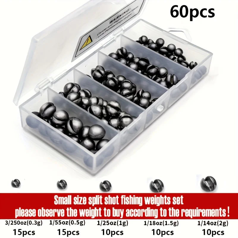 60/120pcs Fishing Weights Kit,Premium Split Shot Sinkers with 5 Versatile Sizes, Round Removable Design, Perfect for Freshwater