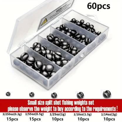 60/120pcs Fishing Weights Kit,Premium Split Shot Sinkers with 5 Versatile Sizes, Round Removable Design, Perfect for Freshwater
