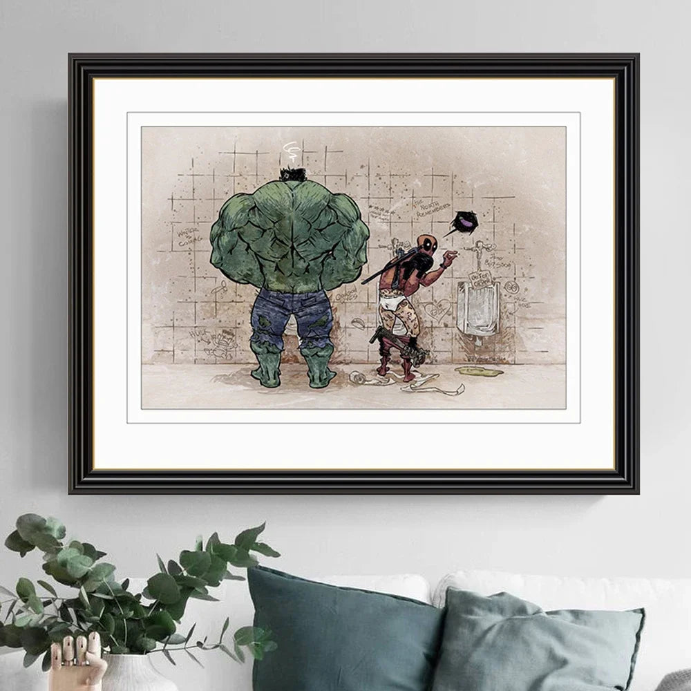 Bathroom Wall Art Decor Funny Superhero Hulk And Deadpool In The Toilet Poster Avenger Retro Canvas Painting Home Decor