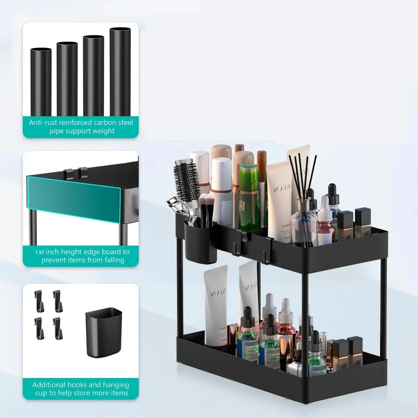 Kitchen under Sink Organizer And Storage Rack with Double Sliding Cabinet Drawers Multi-Purpose Storage Shelf Holder for Home