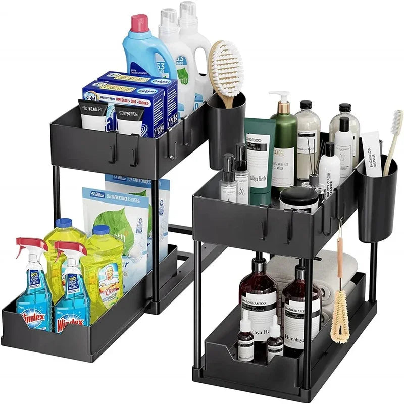 Kitchen under Sink Organizer And Storage Rack with Double Sliding Cabinet Drawers Multi-Purpose Storage Shelf Holder for Home