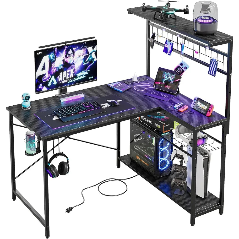 42 L Gaming Desk,Computer Desk with Power Outlets, LED Lights, Reversible Corner Desk with 4-Tier Shelves,Cup Holder &Hook