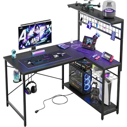 42 L Gaming Desk,Computer Desk with Power Outlets, LED Lights, Reversible Corner Desk with 4-Tier Shelves,Cup Holder &Hook