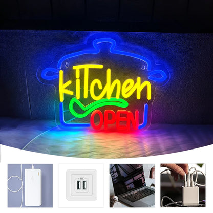 Kitchen Open Led Neon Sign, Kitchen Supplies Icon, Usb Powered, Used For Home Kitchen, Restaurant, Fast Food Business Decor.