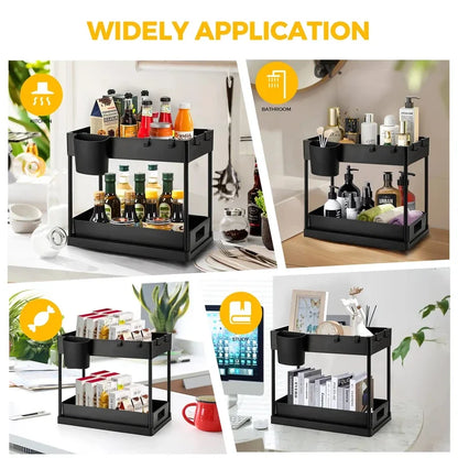 Kitchen under Sink Organizer And Storage Rack with Double Sliding Cabinet Drawers Multi-Purpose Storage Shelf Holder for Home