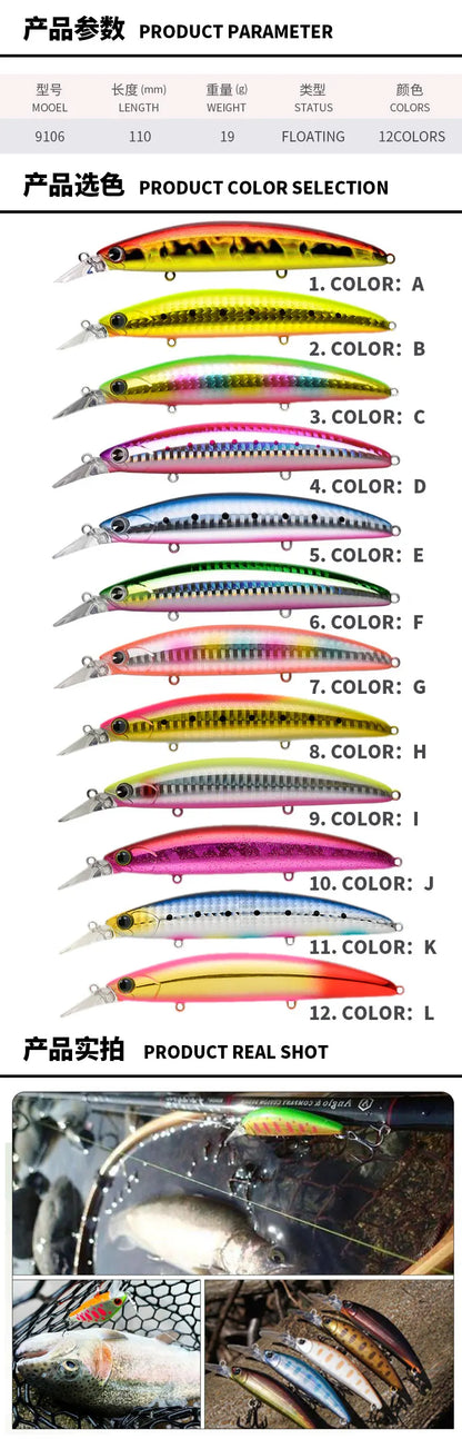 19g 110mm Floating Minnow Fishing Lures Seabass Trout Artificial Hard Bait Long Casting Wobblers Saltwater Freshwater Bass Bait