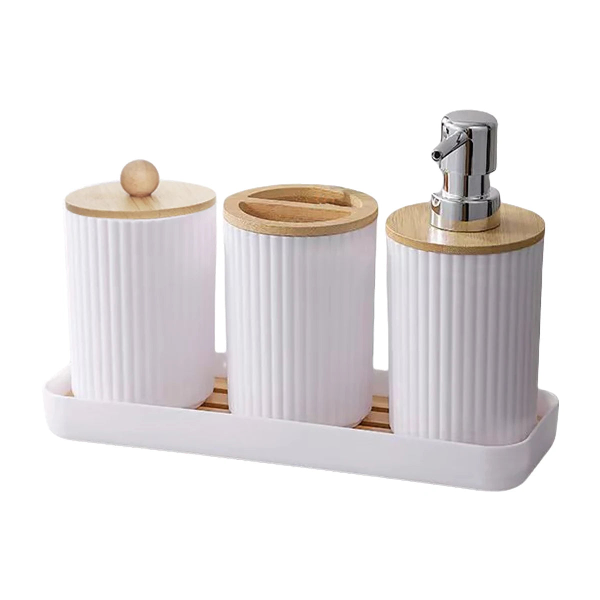 Bathroom Accessories Set Vanity Counter Soap Dispenser Toothbrush Cotton Swab Holder and Tray Set Bathroom Decor Apothecary Jars