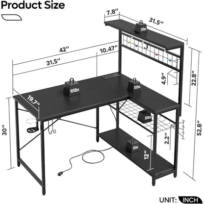 42 L Gaming Desk,Computer Desk with Power Outlets, LED Lights, Reversible Corner Desk with 4-Tier Shelves,Cup Holder &Hook