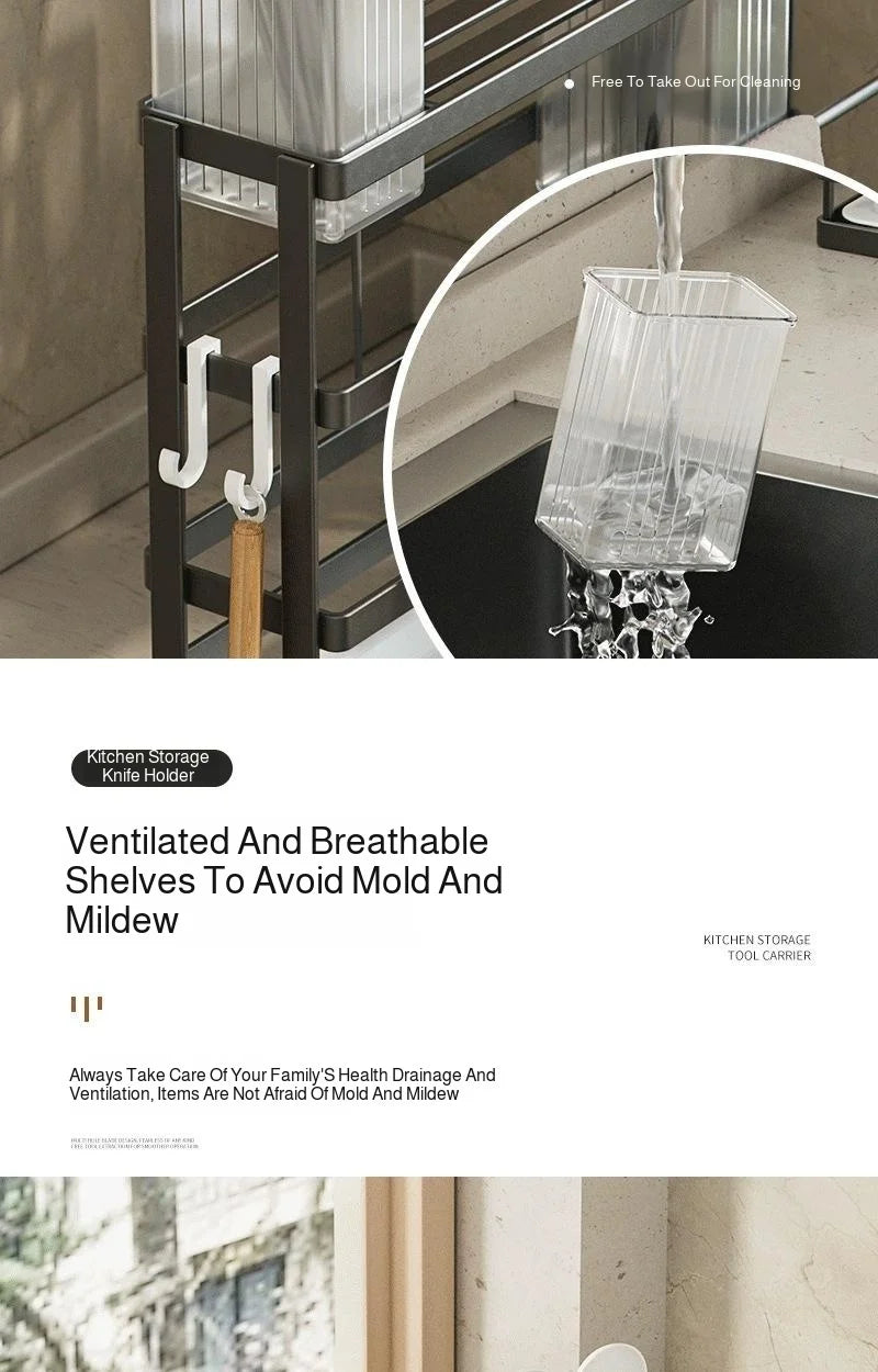 Kitchen Countertop Organizer with Drainage Tray -Integrated Rack for Cutting Boards, Knives, Rags, Chopsticks, Pot Lids, Durable