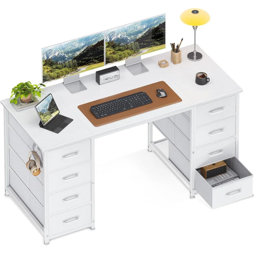 48 Inch White Computer Desk with 8 Fabric Drawers, Modern Office Desk with Large Storage for Home Office, Study, Gaming, White