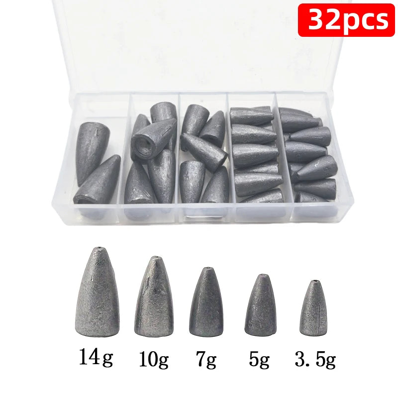 32pcs/box32-Piece Bullet Sinker Set: 3.5g - 14g, Fishing Weights for Bass, Trout, and More