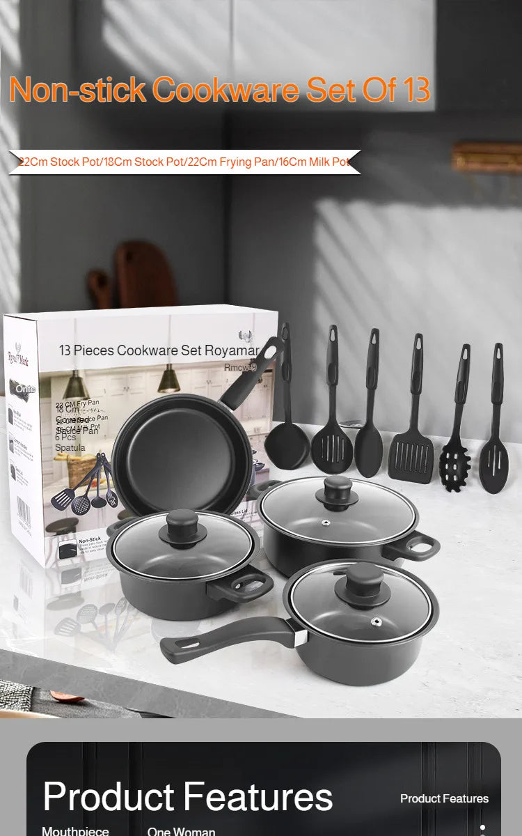 13 Piece Cookware Set Milk Pot Soup Pot Flat Bottomed Small Frying Pan with Lid And Shovel Kitchenware Set for Cooking pots Set