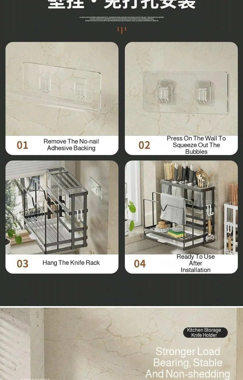 Kitchen Countertop Organizer with Drainage Tray -Integrated Rack for Cutting Boards, Knives, Rags, Chopsticks, Pot Lids, Durable
