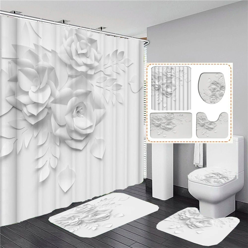 Elegant Bouquet of Fantastic White Flowers 3D Style Shower Curtain Bathroom Curtain with Bath Rug Carpet Set Floral Home Decor