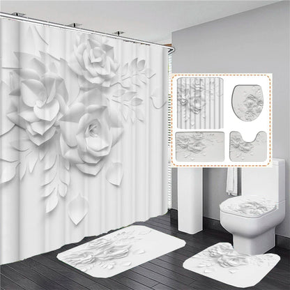 Elegant Bouquet of Fantastic White Flowers 3D Style Shower Curtain Bathroom Curtain with Bath Rug Carpet Set Floral Home Decor