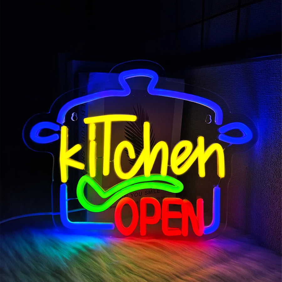 Kitchen Open Led Neon Sign, Kitchen Supplies Icon, Usb Powered, Used For Home Kitchen, Restaurant, Fast Food Business Decor.