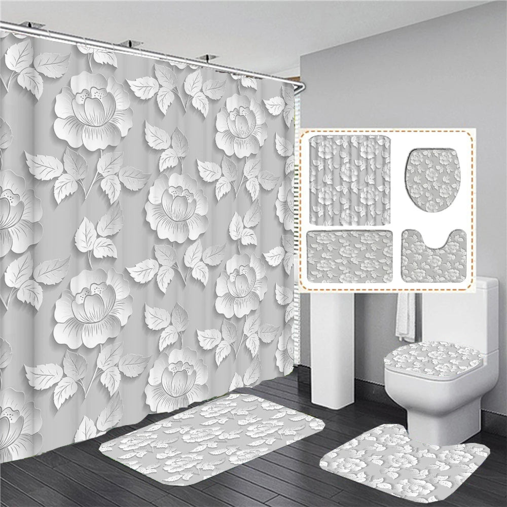 Elegant Bouquet of Fantastic White Flowers 3D Style Shower Curtain Bathroom Curtain with Bath Rug Carpet Set Floral Home Decor