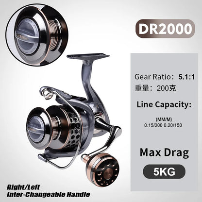 DR Full Metal Line Cup Fishing Reel LUYA SPINNING WHEELS SEA ROD REELS Front Unloading Spinning Wheel 3BB 5-10kg Pulling Power