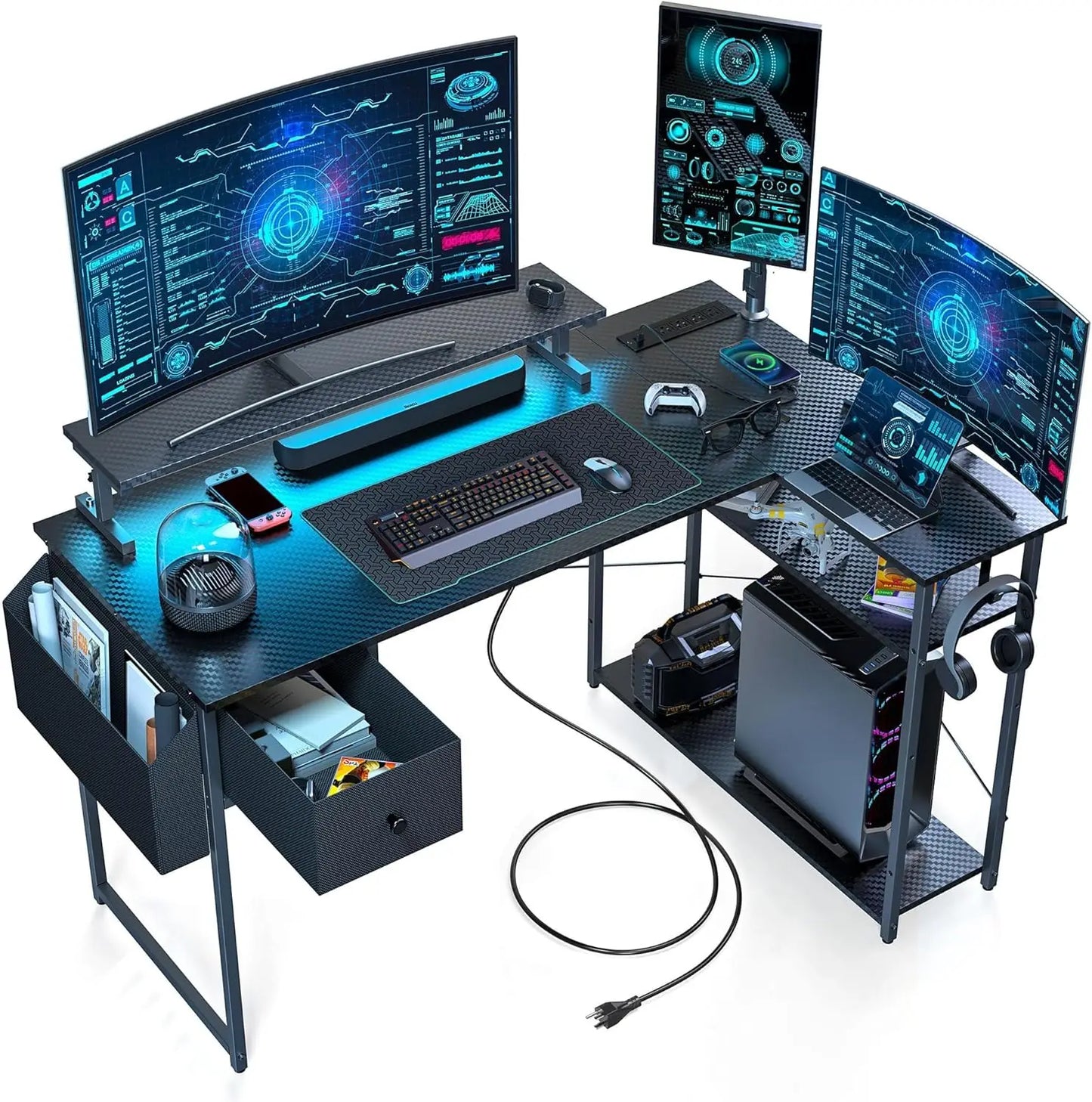 Gaming Desk, 47 inch L Shaped Gaming Desk, Computer Desk with LED Lights & Adjustable Stand