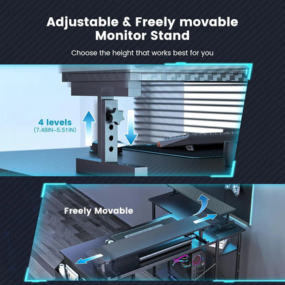 Gaming Desk, 47 inch L Shaped Gaming Desk, Computer Desk with LED Lights & Adjustable Stand