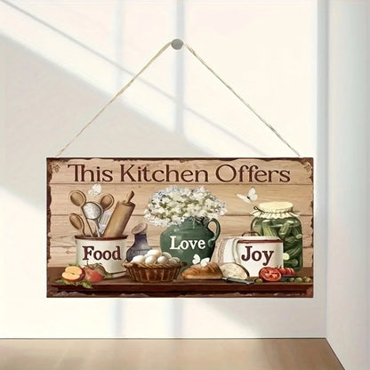 Rustic Wooden Kitchen Wall Decor Sign - "This Kitchen Offers Food Love Joy" Hanging Plaque with Cooking and Floral Illustration