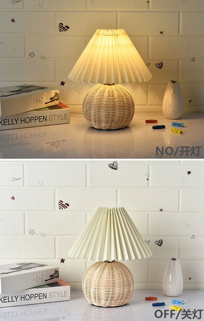 INS Led Pleated Table Lamp Rattan Base Desktop Light Usb PLug Dimmable Timmer For Room Bedside Bedroom Table Decor Night Lights
