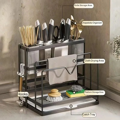 Kitchen Countertop Organizer with Drainage Tray -Integrated Rack for Cutting Boards, Knives, Rags, Chopsticks, Pot Lids, Durable