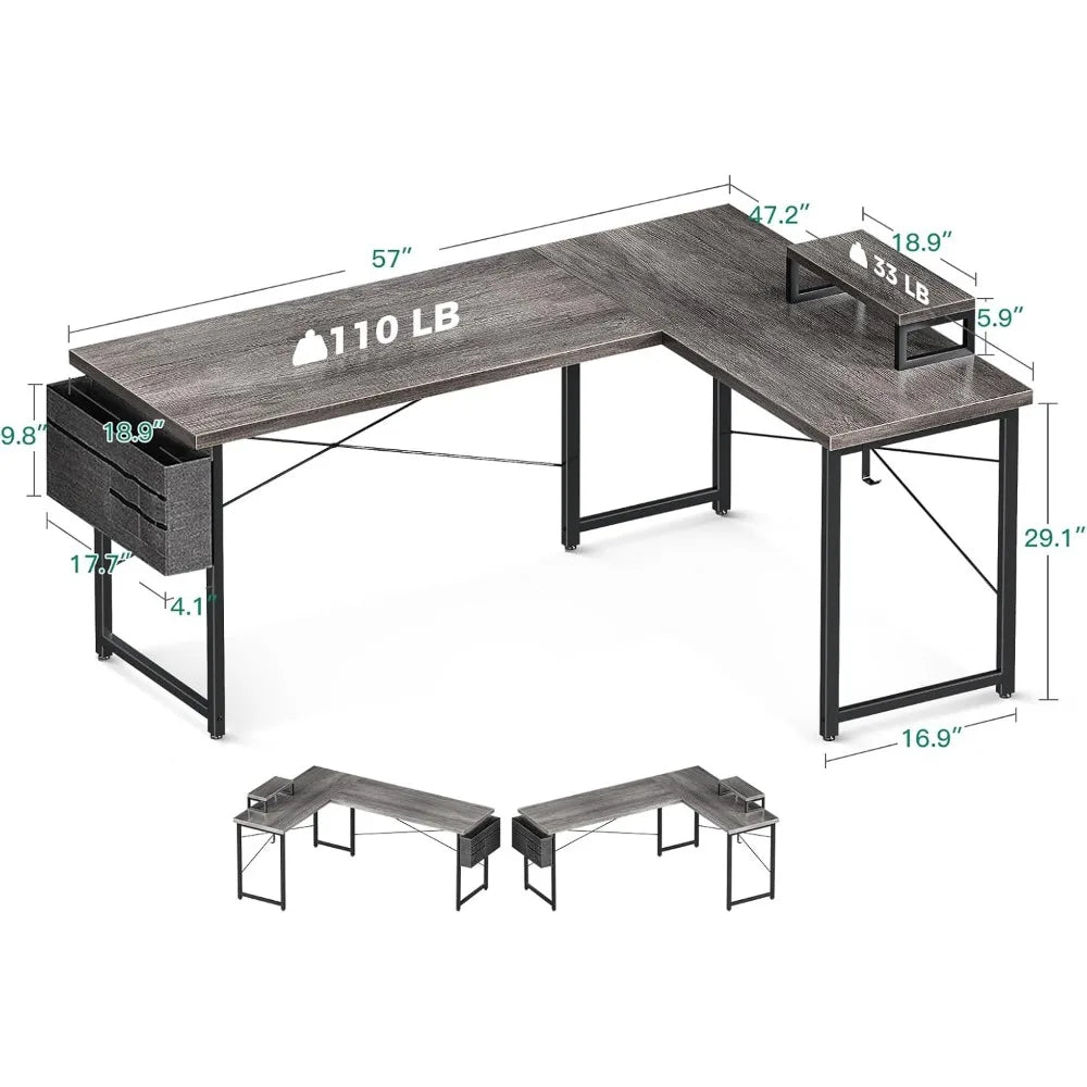 "L-Shaped Computer Desk with Storage, 57.5 Inch Reversible Gaming Desk, Corner Home Office Desk with Monitor Stand, Space-Saving