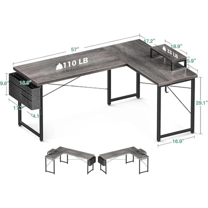 "L-Shaped Computer Desk with Storage, 57.5 Inch Reversible Gaming Desk, Corner Home Office Desk with Monitor Stand, Space-Saving