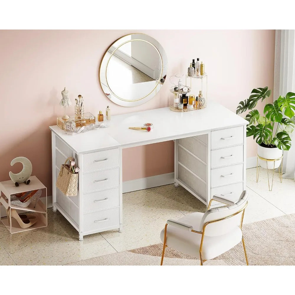 48 Inch White Computer Desk with 8 Fabric Drawers, Modern Office Desk with Large Storage for Home Office, Study, Gaming, White