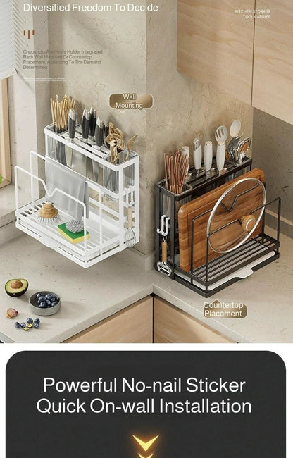 Kitchen Countertop Organizer with Drainage Tray -Integrated Rack for Cutting Boards, Knives, Rags, Chopsticks, Pot Lids, Durable
