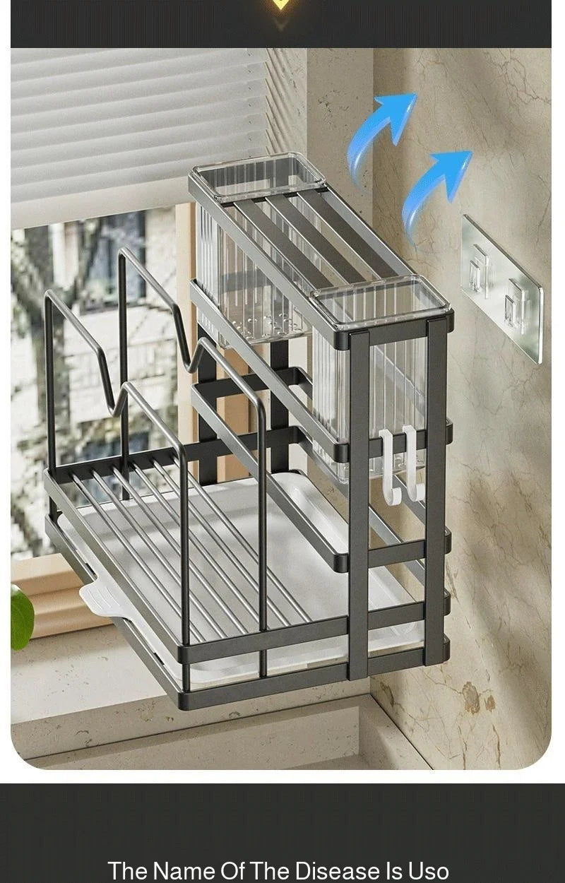 Kitchen Countertop Organizer with Drainage Tray -Integrated Rack for Cutting Boards, Knives, Rags, Chopsticks, Pot Lids, Durable